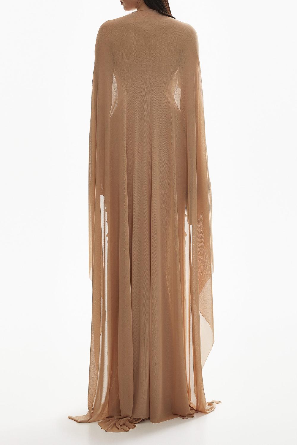 Rhea Costa Mera Mesh Tulle Cape Gown In Skin
