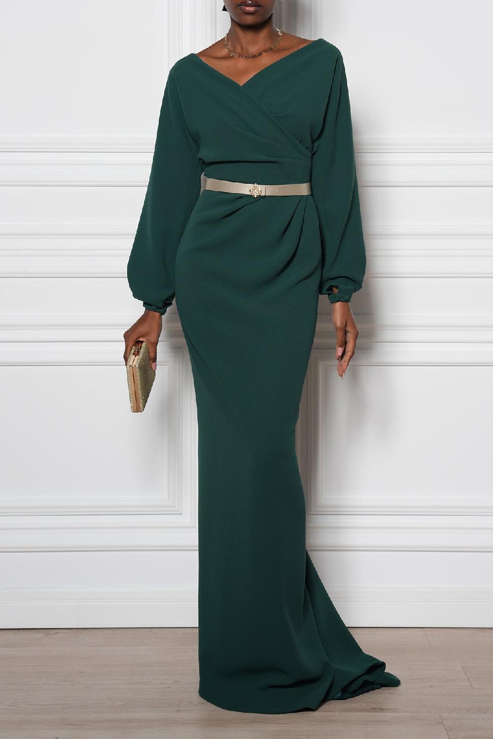 rhea costa Michelle Dark Green Long Dress