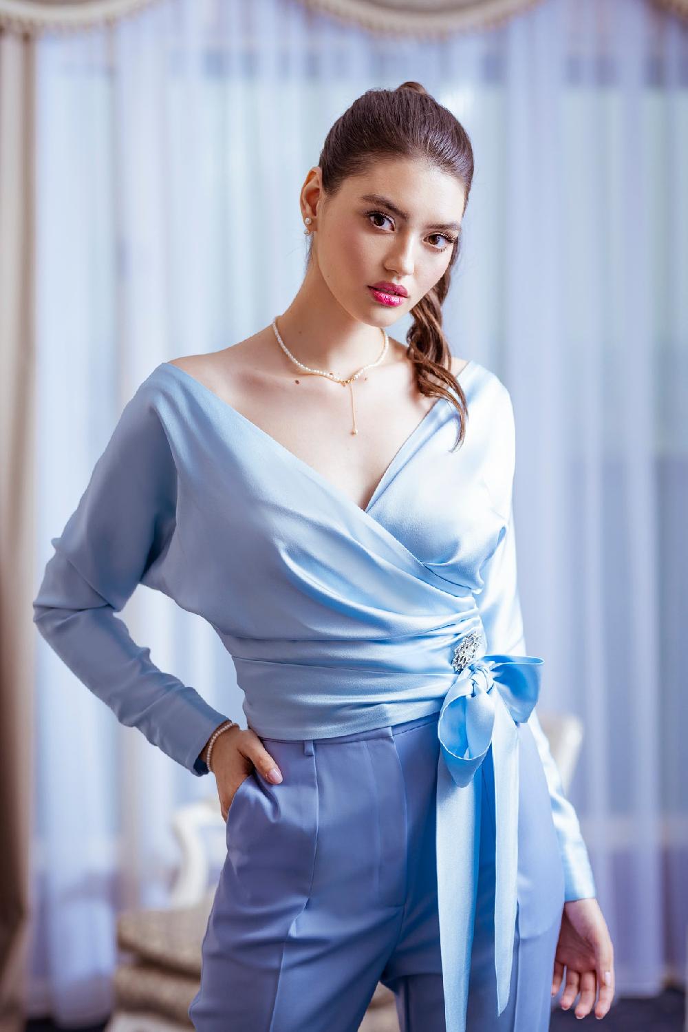 Rhea Costa Michelle Satin Top In Light-Blue