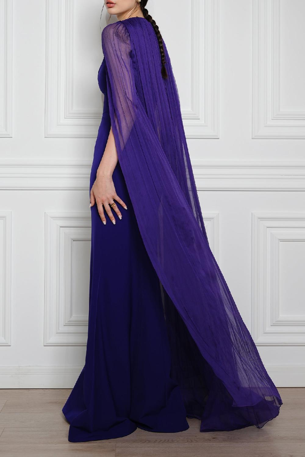 Rhea Costa Mina Cape Long Dress In Indigo
