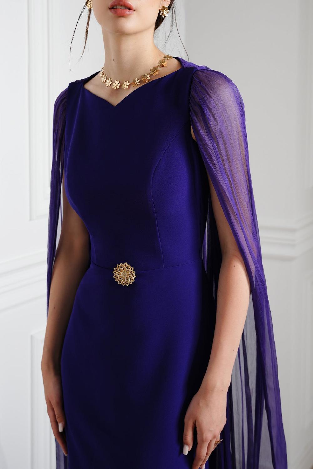 Rhea Costa Mina Cape Long Dress In Indigo