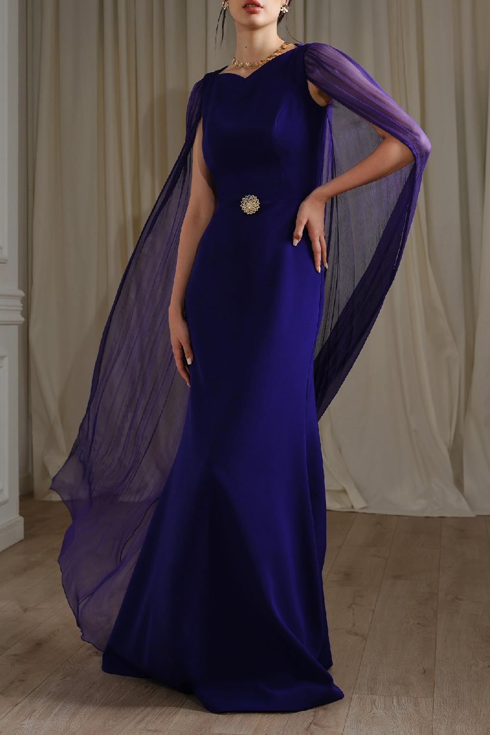 Rhea Costa Mina Cape Long Dress In Indigo