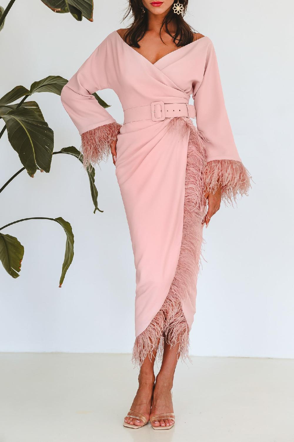 Rhea Costa Mona Feathers Trimmed Blush Crepe Dress