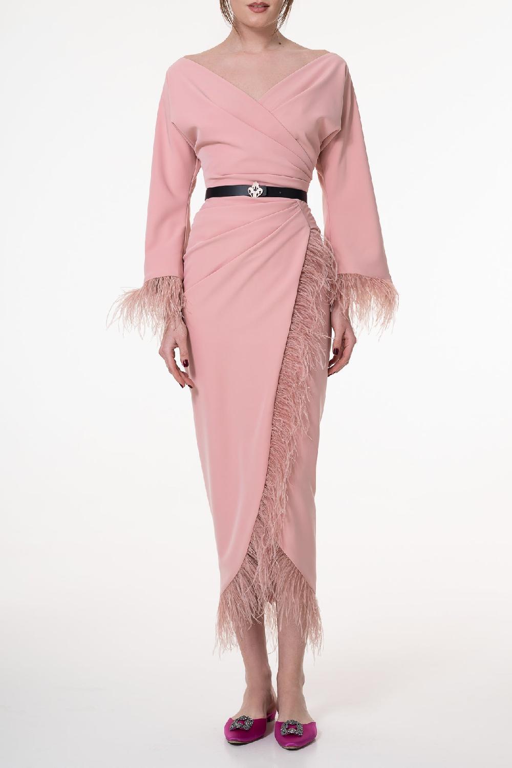 Rhea Costa Mona Feathers Trimmed Blush Crepe Dress