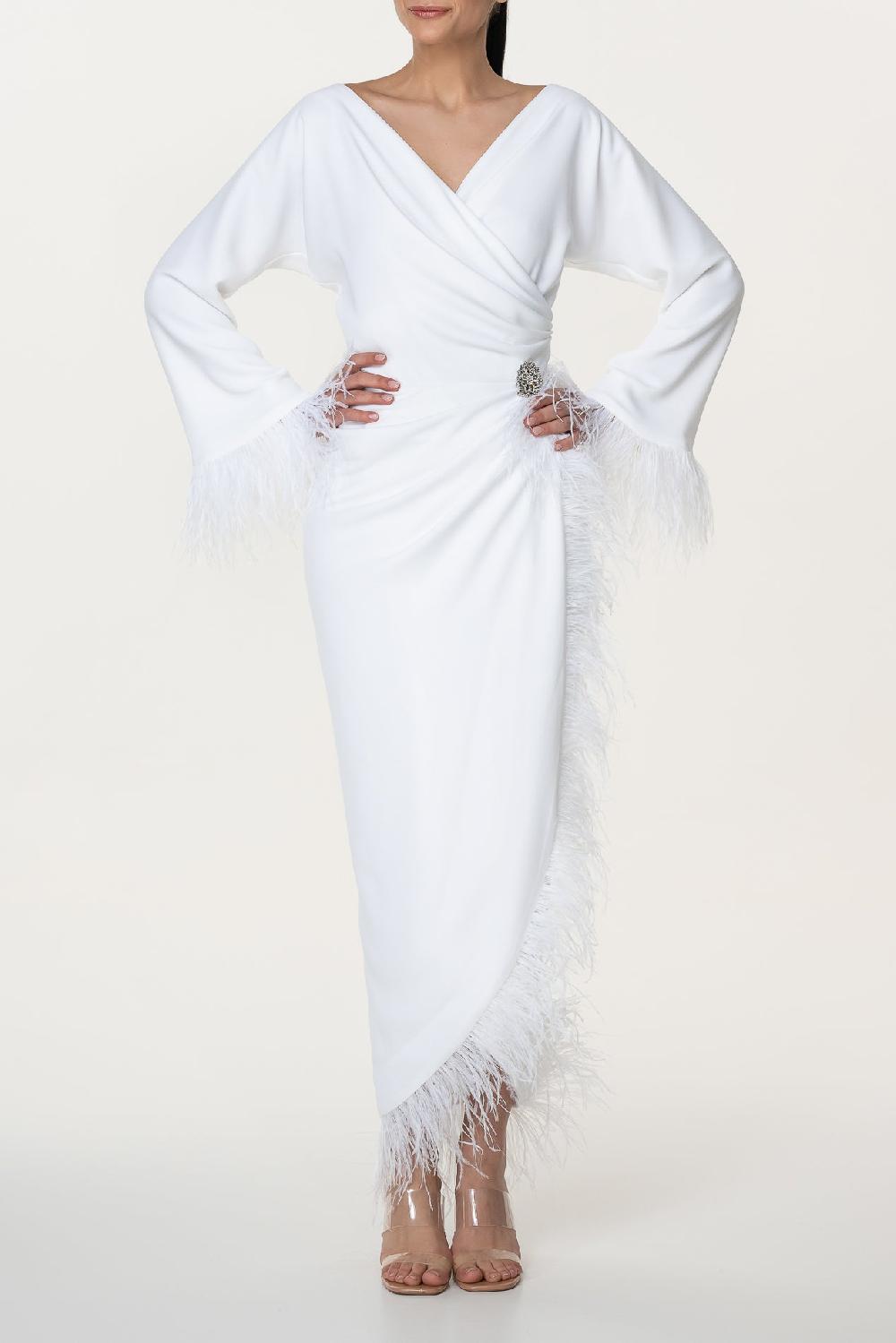 Rhea Costa Mona Ivory Feathers Trimmed Crepe Dress
