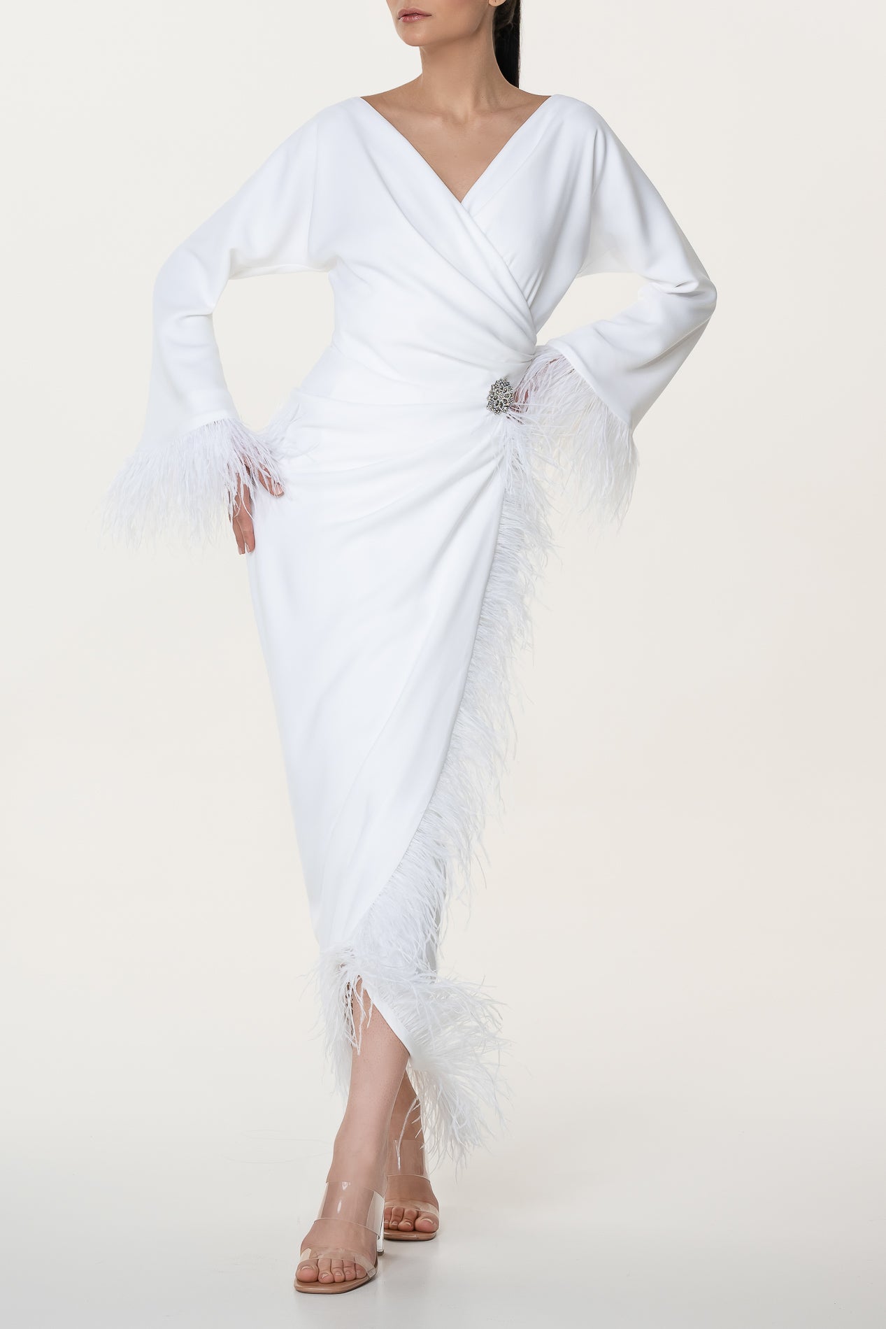 rhea costa Mona Ivory Feathers Trimmed Crepe Dress