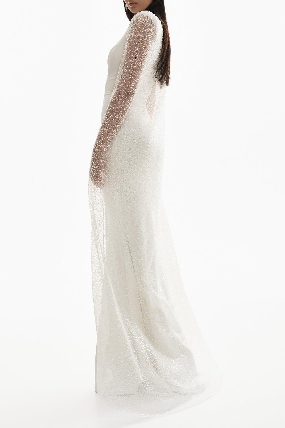 Rhea Costa Myra Sequined Cape-Gown In Off-White