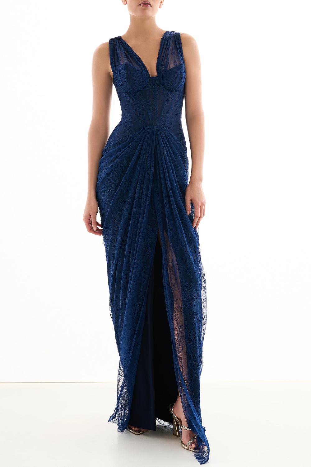 rhea costa Naila Lace Long Dress In Midnight-Blue