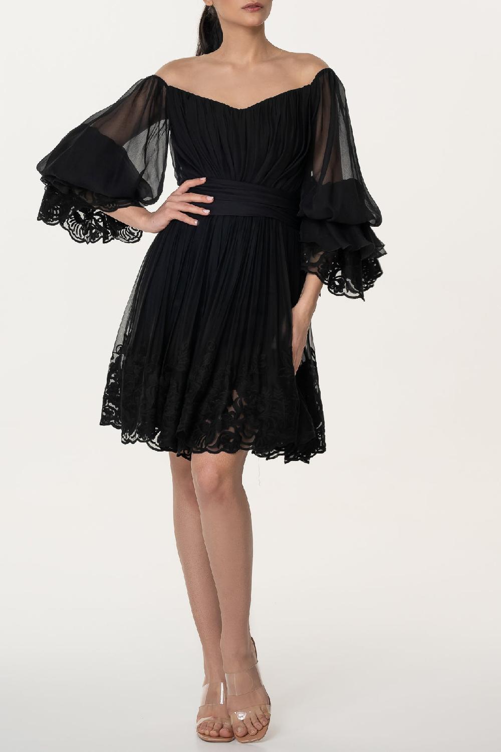 rhea costa Orla Boho Silk Black Short Dress