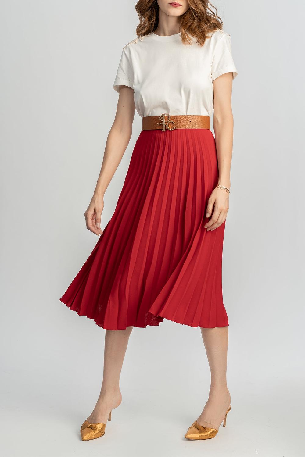 Rhea Costa Pleated Crepe Midi Skirt In True Red