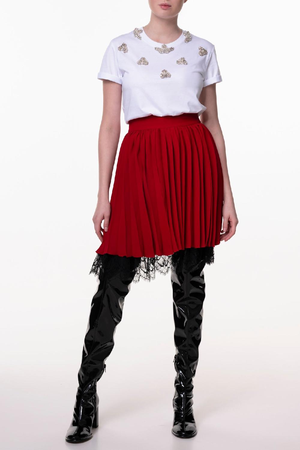 Rhea Costa Pleated Crepe Short Skirt In True Red