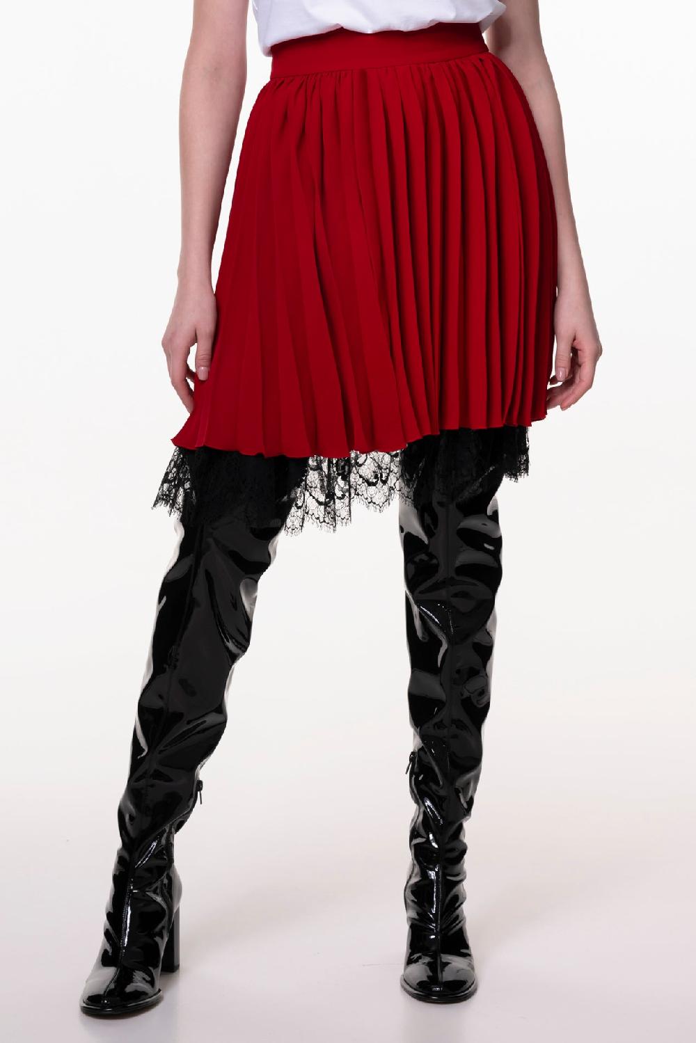 Rhea Costa Pleated Crepe Short Skirt In True Red