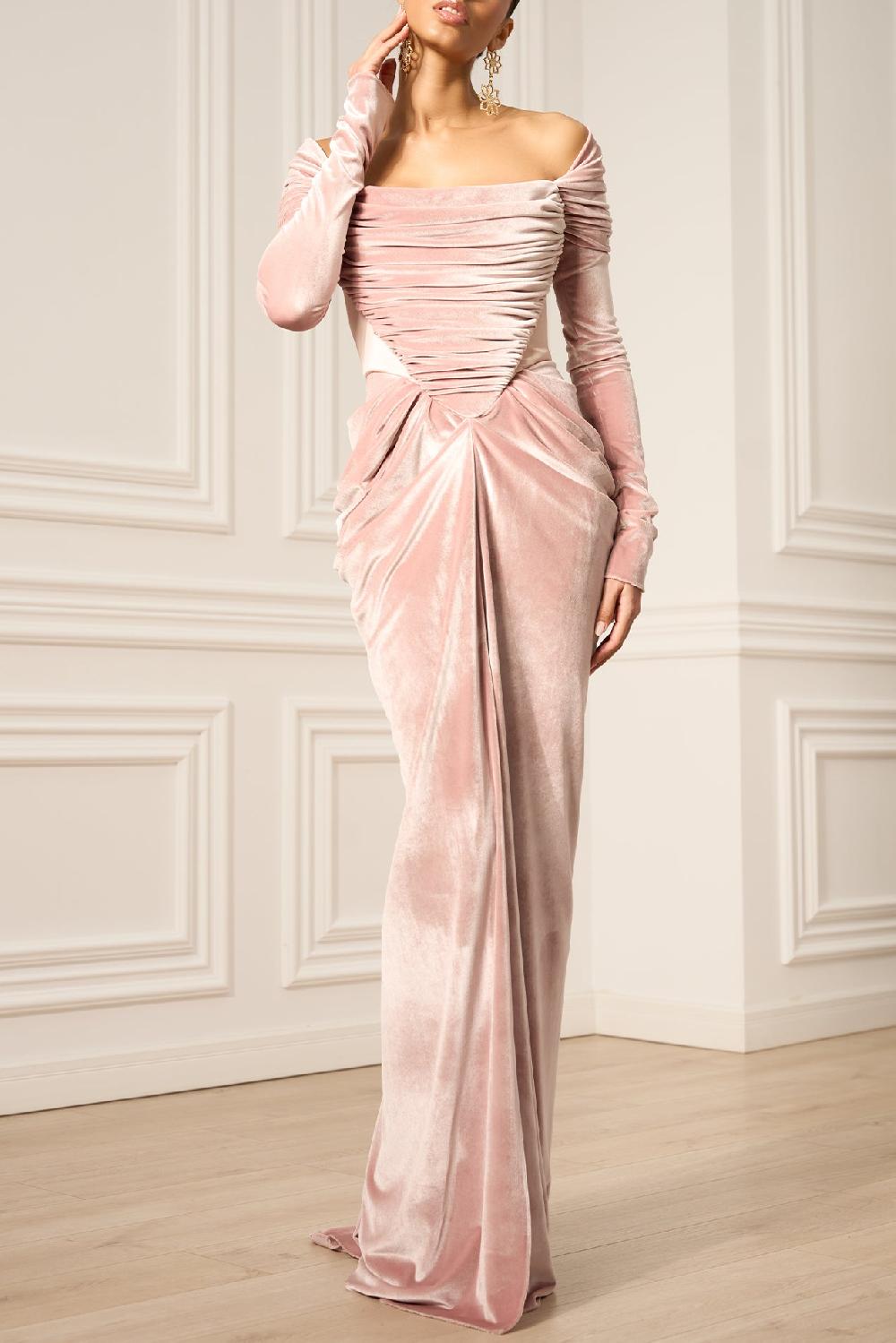 rhea costa Quinn Long Velvet Gown In Blush