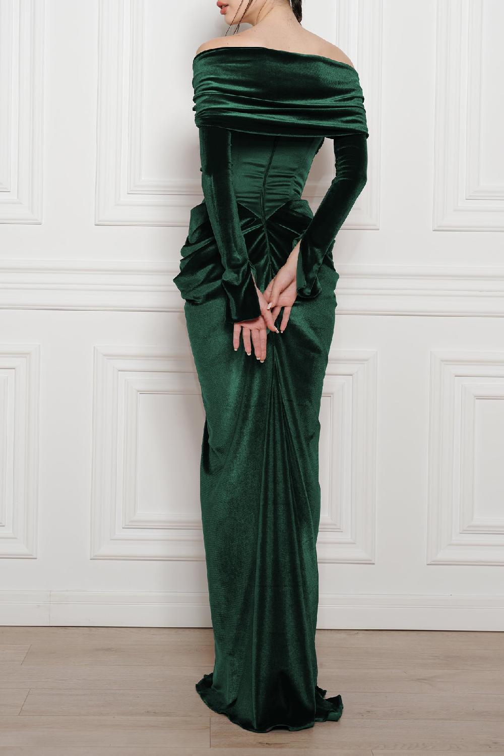Rhea Costa Quinn Long Velvet Gown In Dark-Green