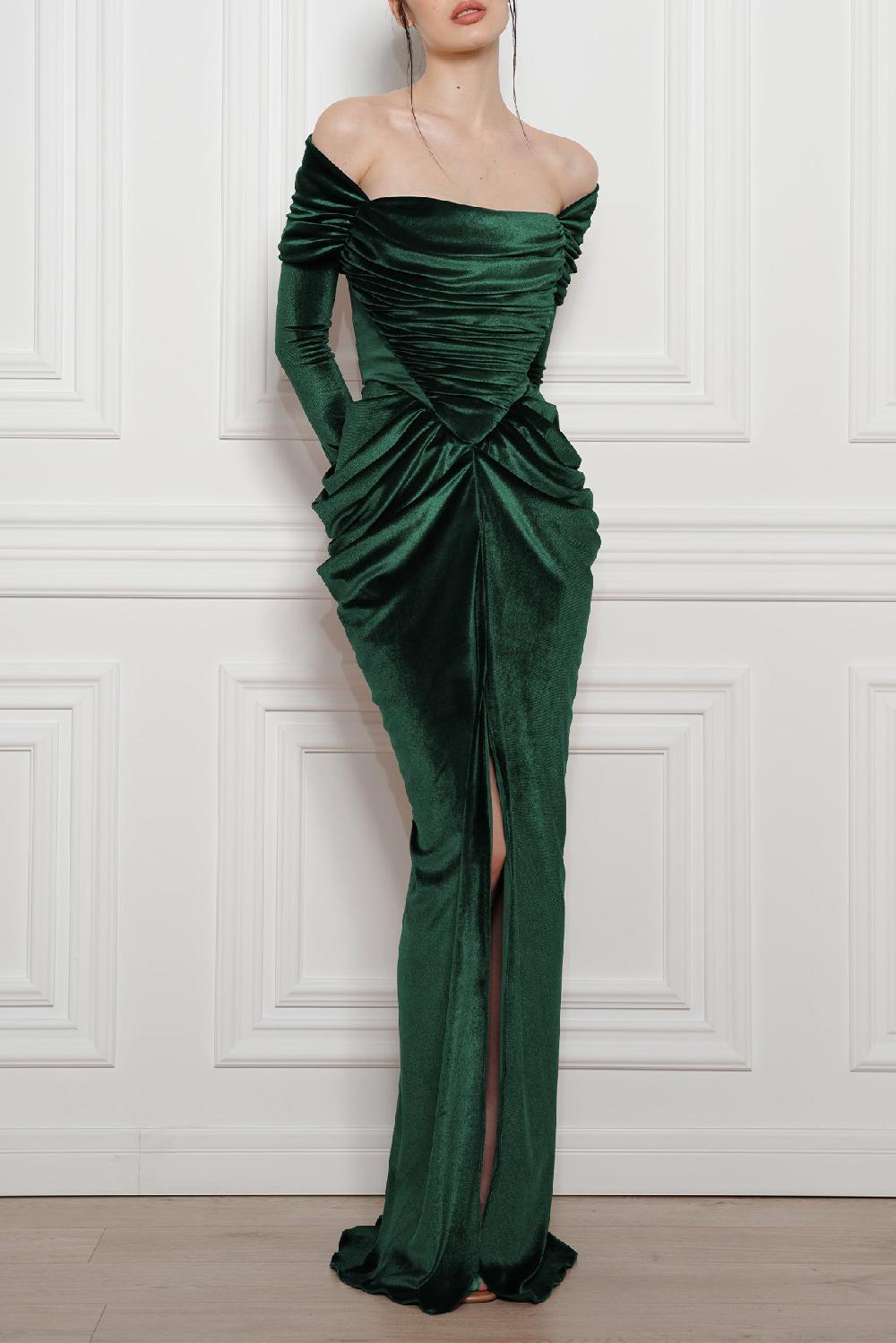 rhea costa Quinn Long Velvet Gown In Dark-Green
