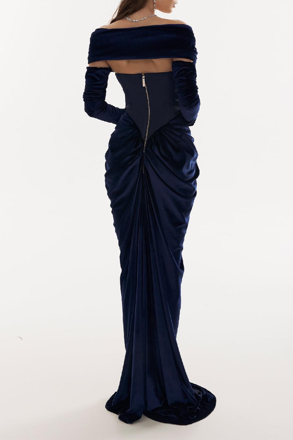 Rhea Costa Quinn Long Velvet Gown In Midnight-Blue