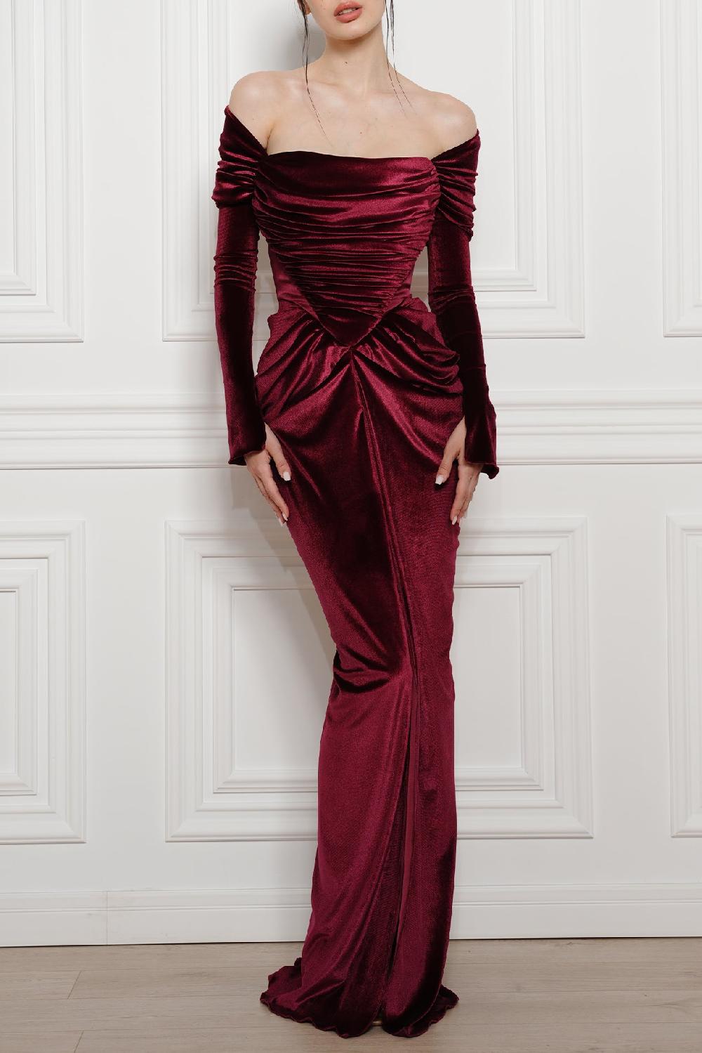 Rhea Costa Quinn Long Velvet Gown In Ruby-Red