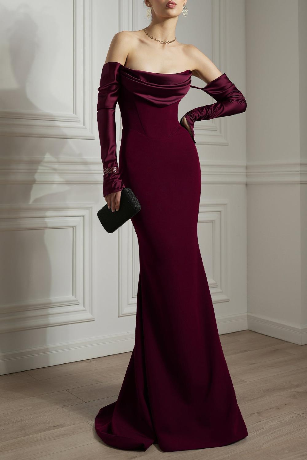 rhea costa Raven Crepe Long Dress In Burgundy