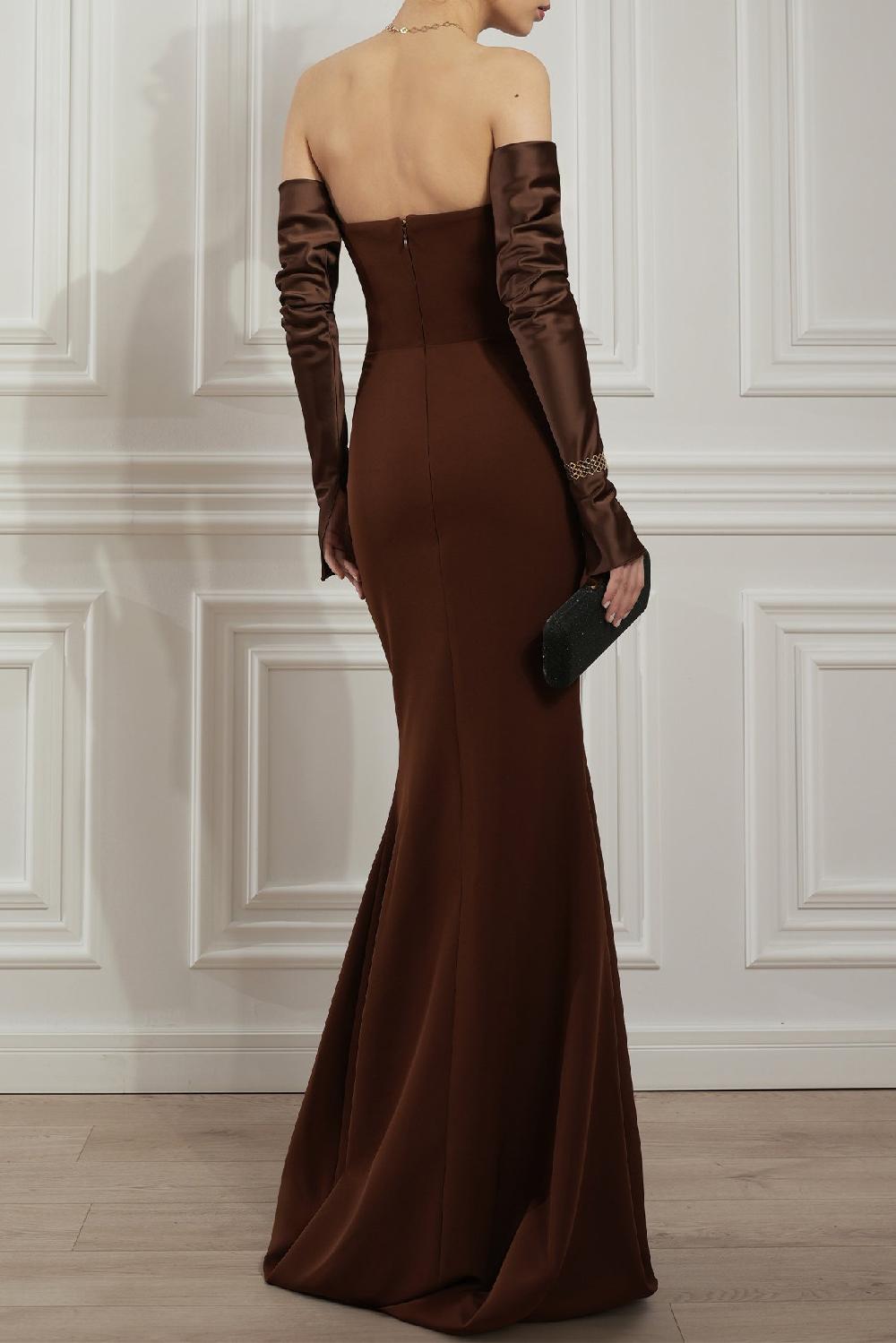 Rhea Costa Raven Crepe Long Dress In Coffee