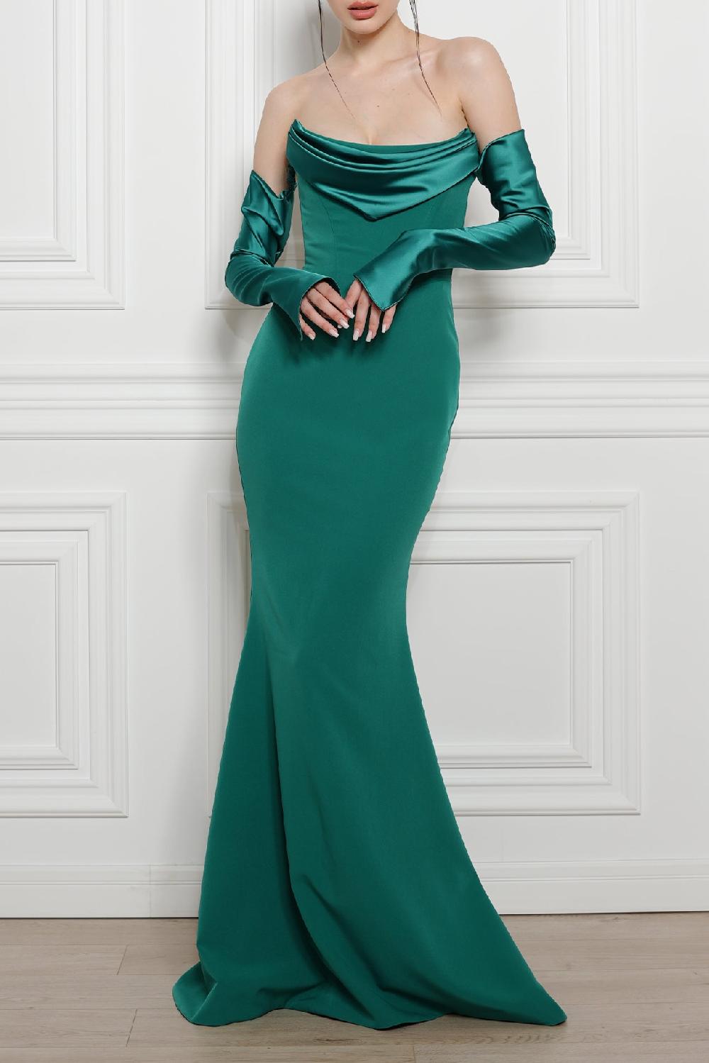 Rhea Costa Raven Crepe Long Dress In Persian-Green