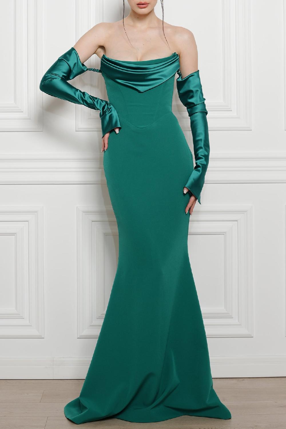 rhea costa Raven Crepe Long Dress In Persian-Green