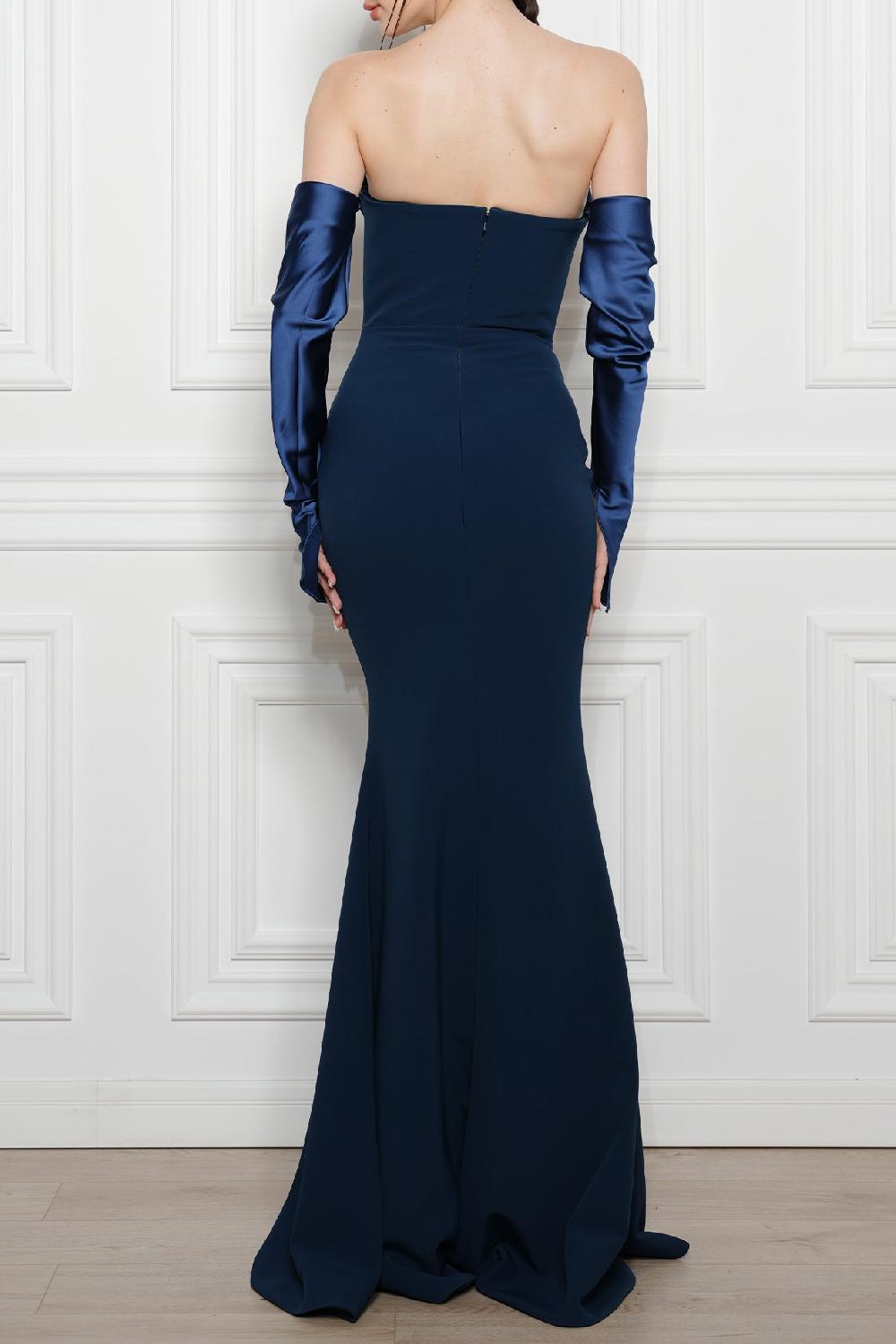 Rhea Costa Raven Crepe Long Dress In Prussian-Blue