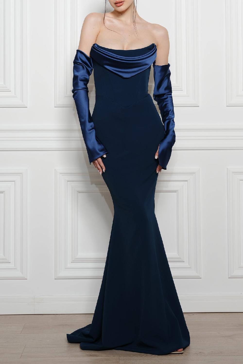 rhea costa Raven Crepe Long Dress In Prussian-Blue