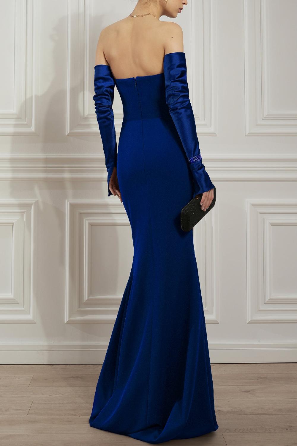 Rhea Costa Raven Crepe Long Dress In Royal-Blue