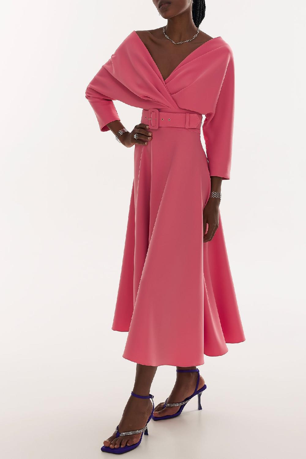 Rhea Costa Reese Crepe Midi Dress In Salmon Pink