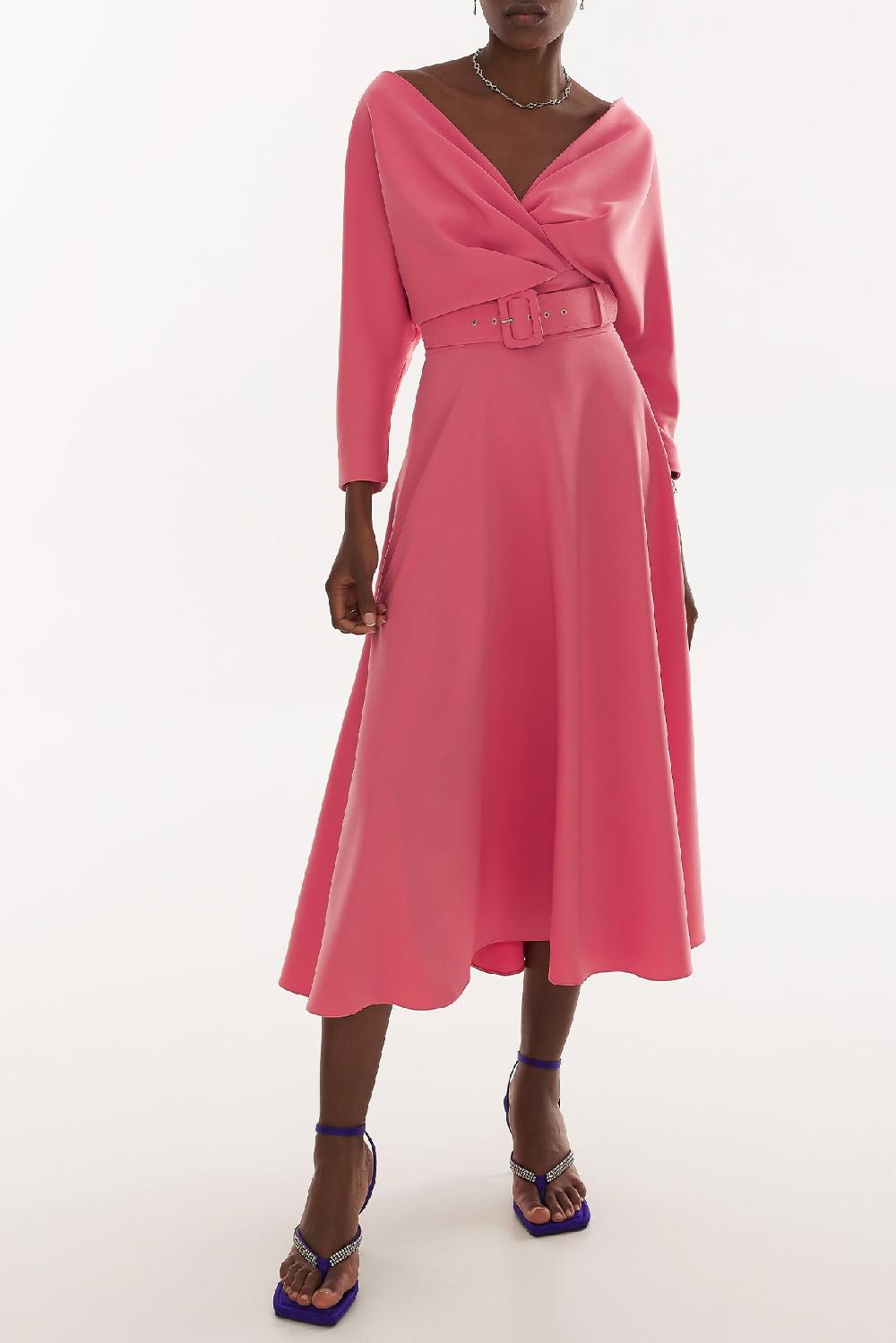 rhea costa Reese Crepe Midi Dress in Salmon Pink