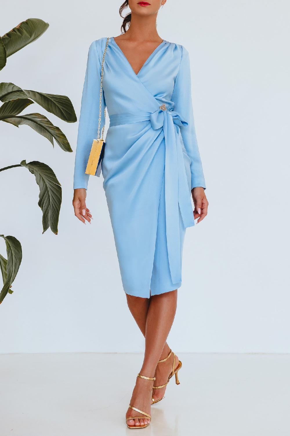 Rhea Costa Romy Satin Midi Dress In Light-Blue