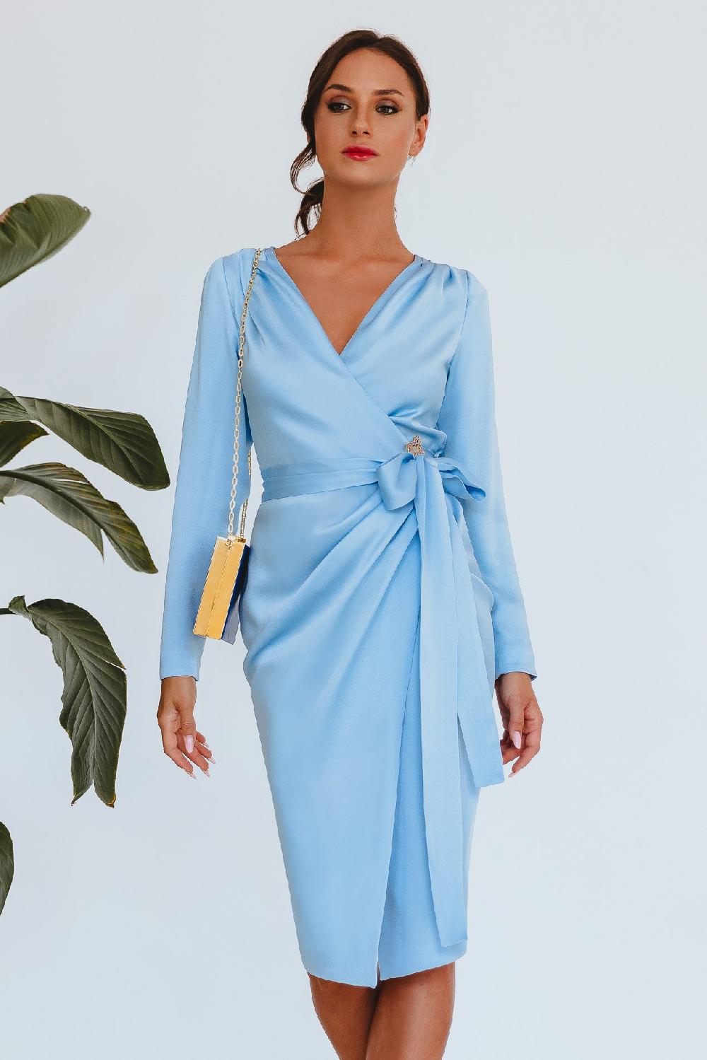 Rhea Costa Romy Satin Midi Dress In Light-Blue