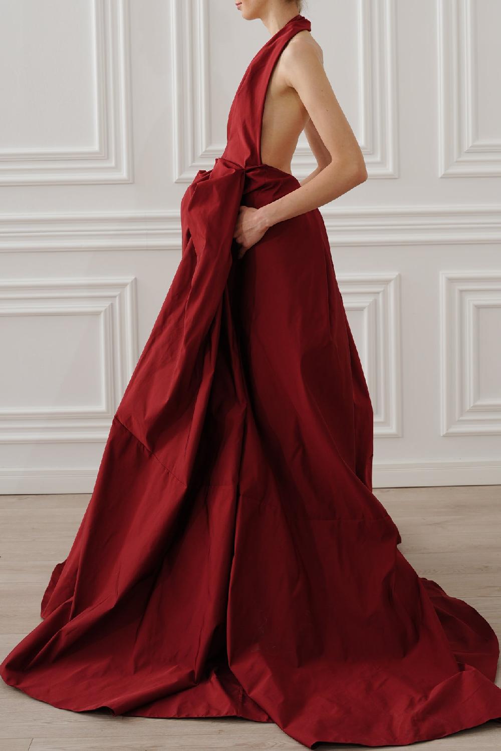 Rhea Costa Ryder Faille Long Dress In Ruby-Red