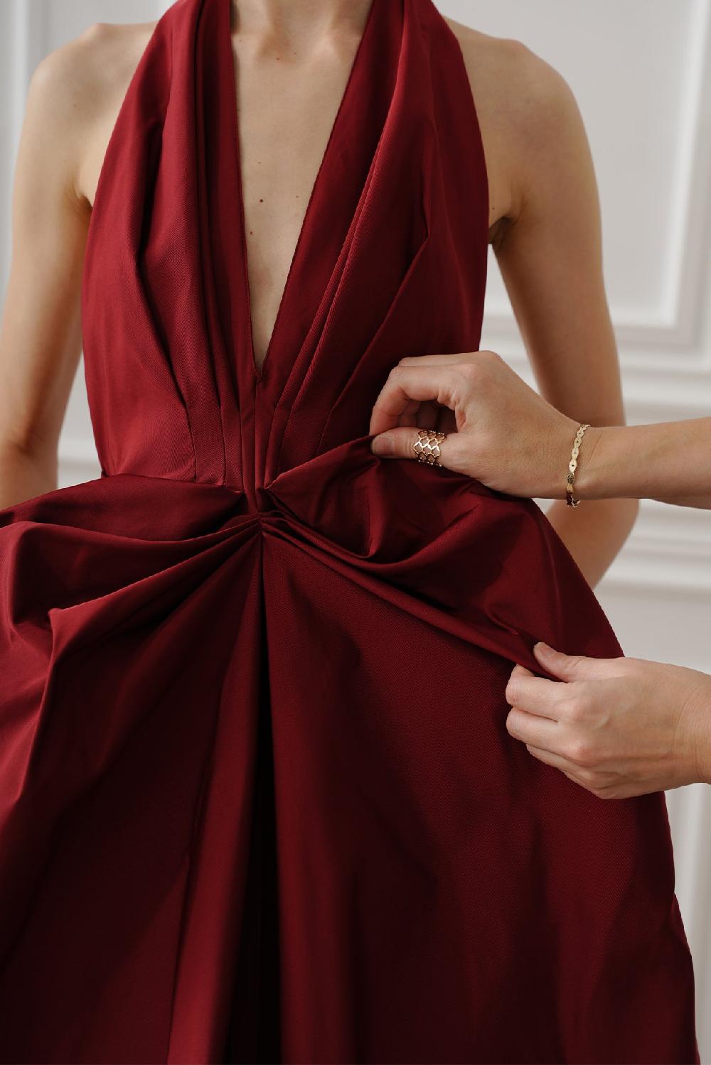 Rhea Costa Ryder Faille Long Dress In Ruby-Red