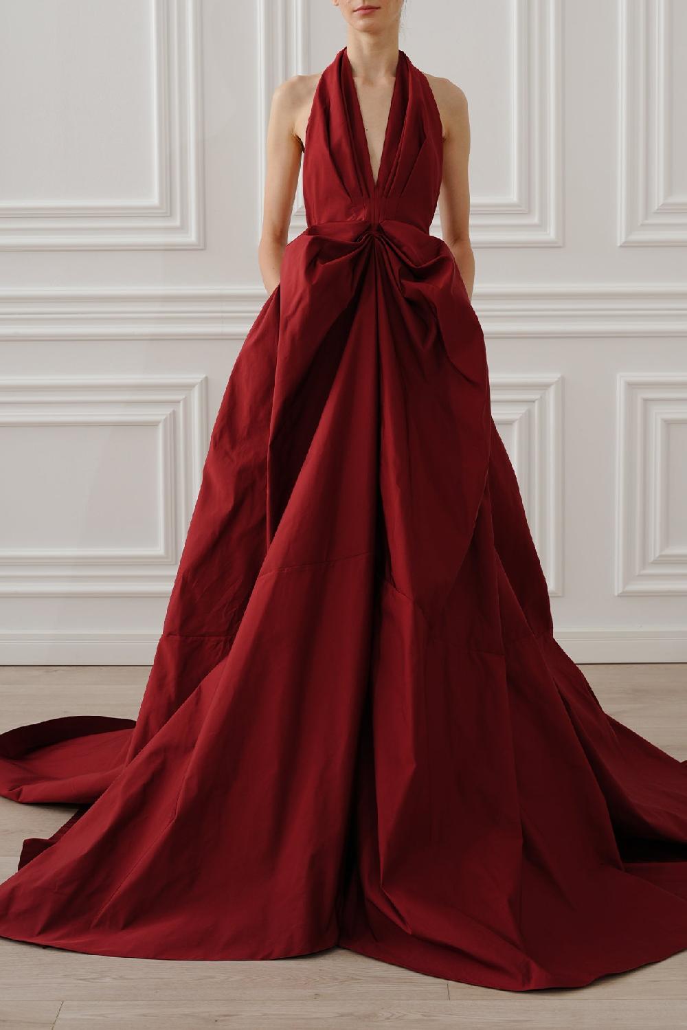 rhea costa Ryder Faille Long Dress In Ruby-Red