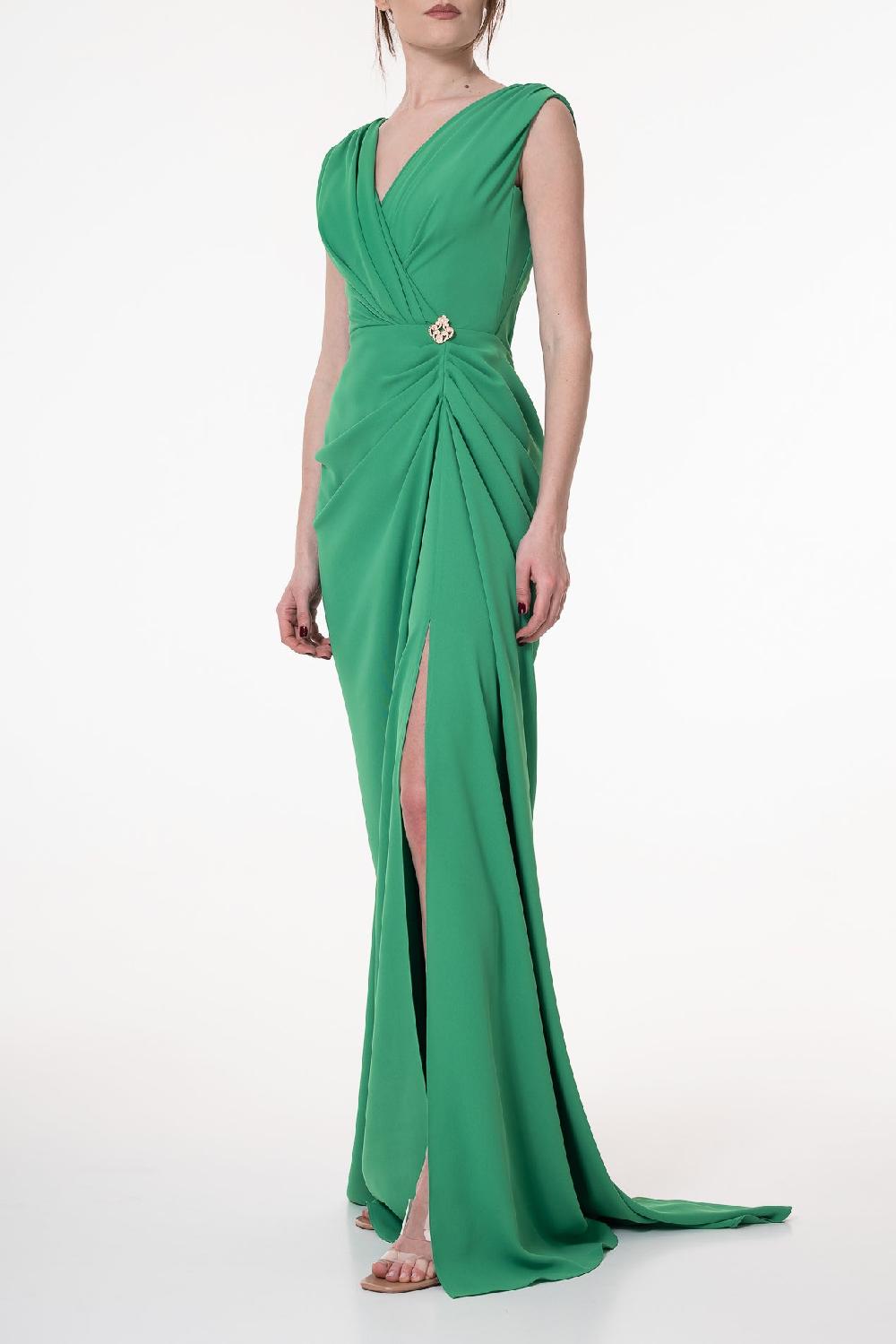 Rhea Costa Saara Crepe Long Dress In Raw-Green