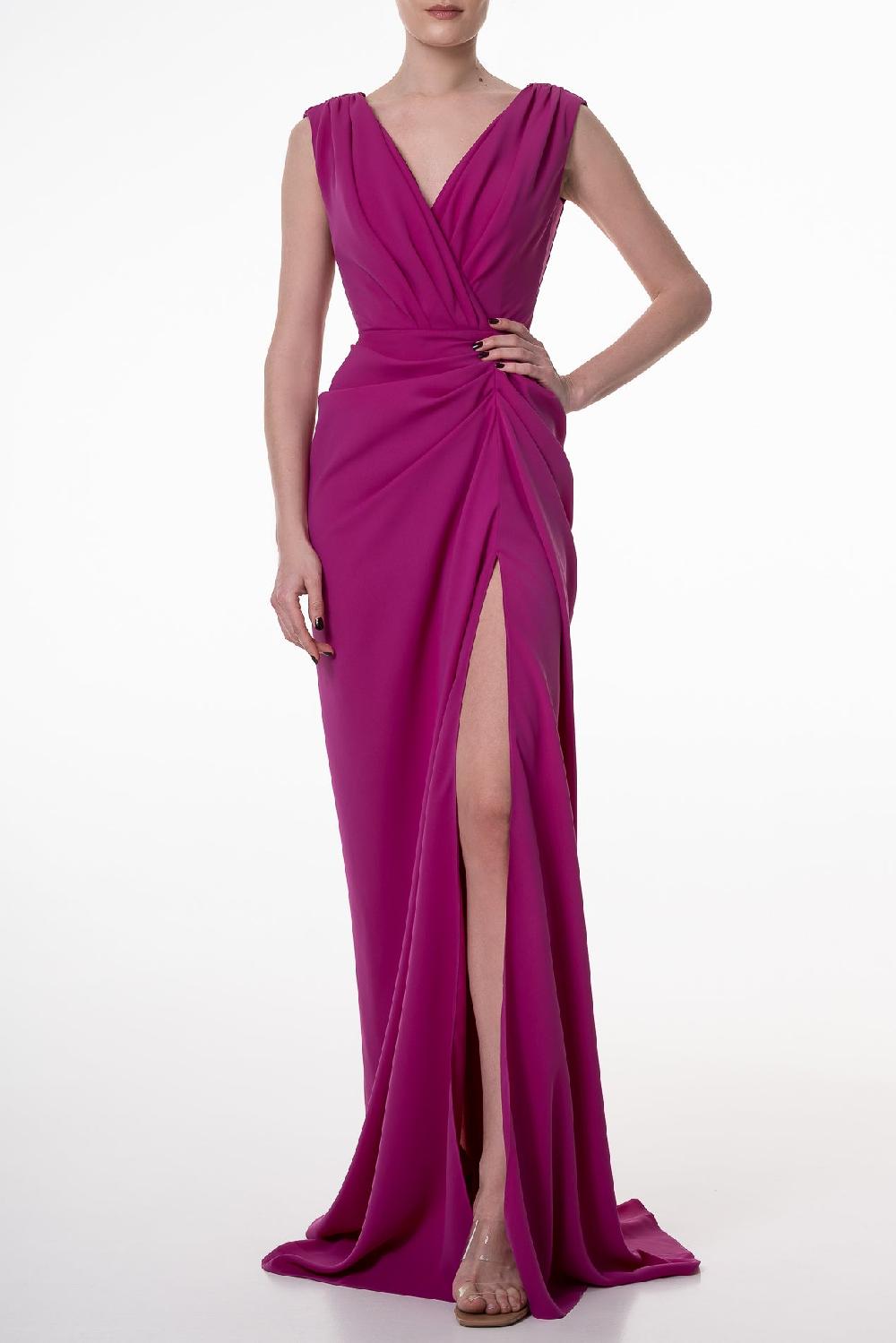 Rhea Costa Saara Crepe Long Dress In Sangria