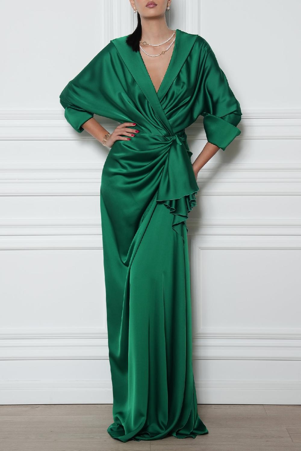 rhea costa Sabina Royal Green Satin Long Dress