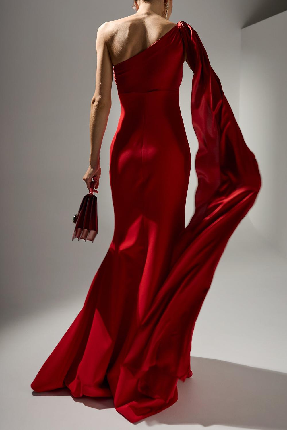 Rhea Costa Saira Silk Cape Long Dress In True-Red