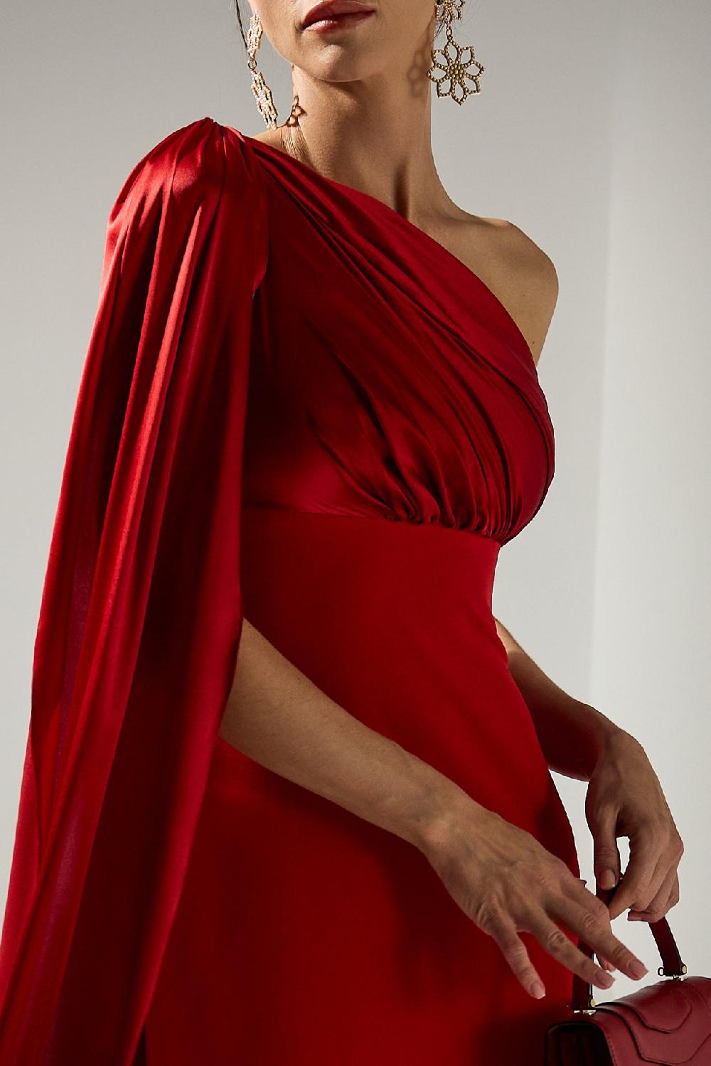 Rhea Costa Saira Silk Cape Long Dress In True-Red