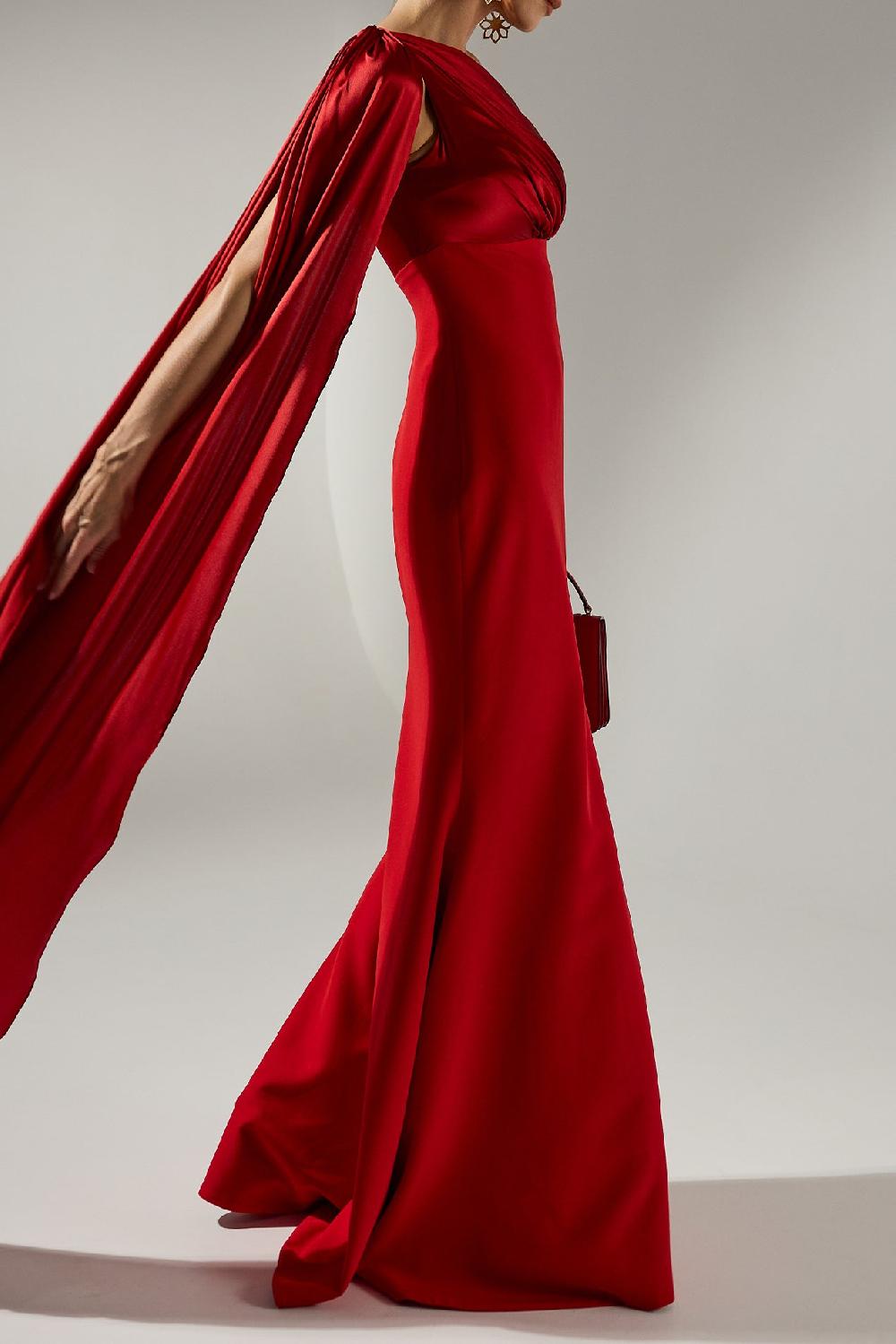 Rhea Costa Saira Silk Cape Long Dress In True-Red