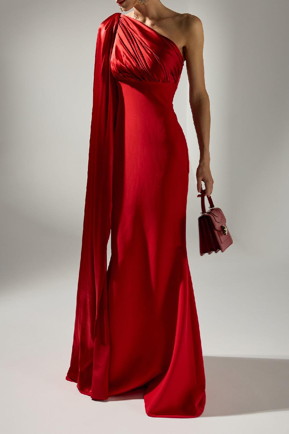 rhea costa Saira Silk Cape Long Dress In True-Red