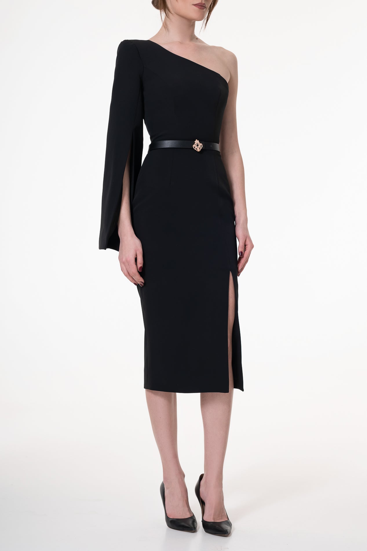 Rhea Costa Sharon Black Crepe Midi Dress