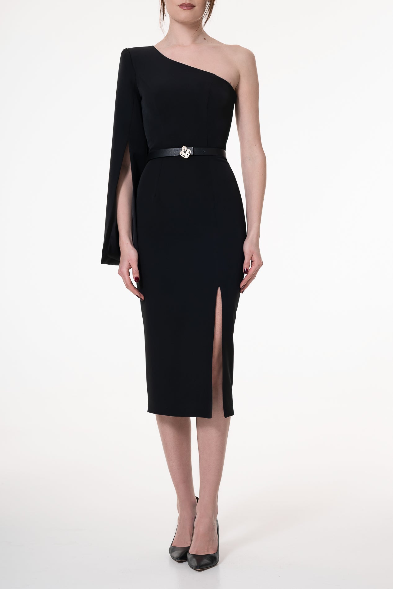 rhea costa Sharon Black Crepe Midi Dress