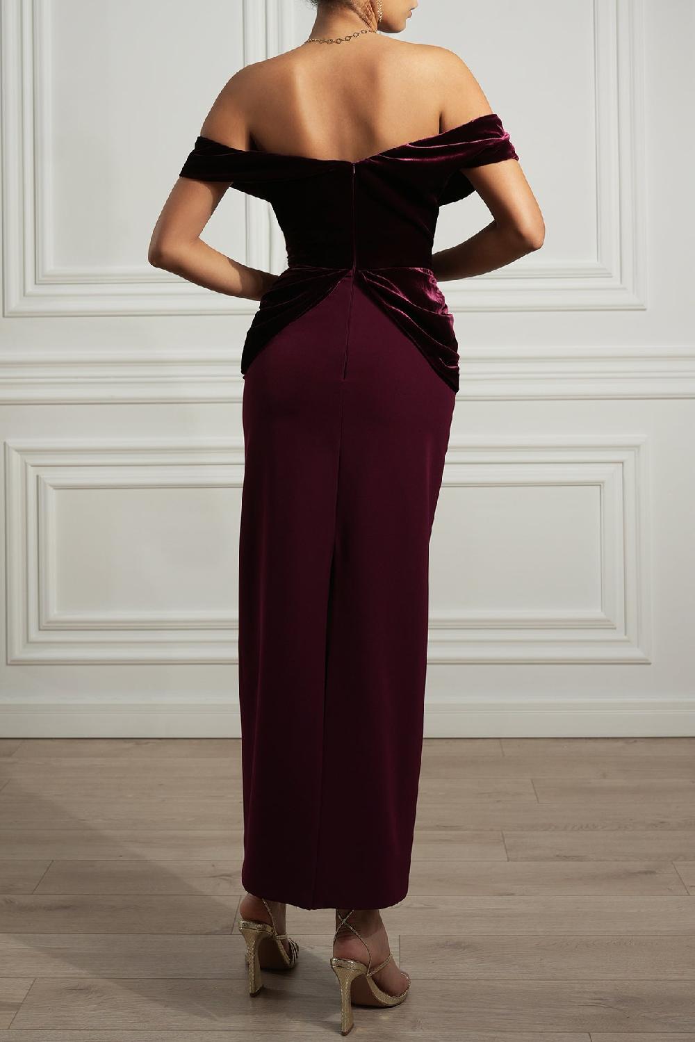 Rhea Costa Siri Burgundy Velvet And Crepe Dress