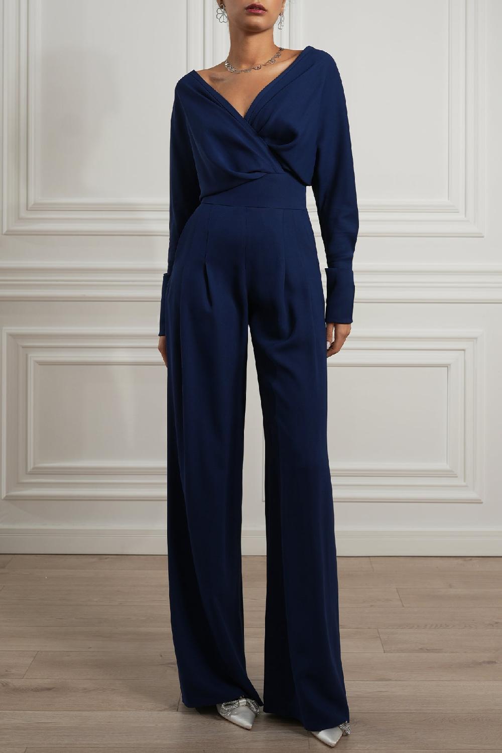 rhea costa Sofia Midnight Blue Crepe Jumpsuit