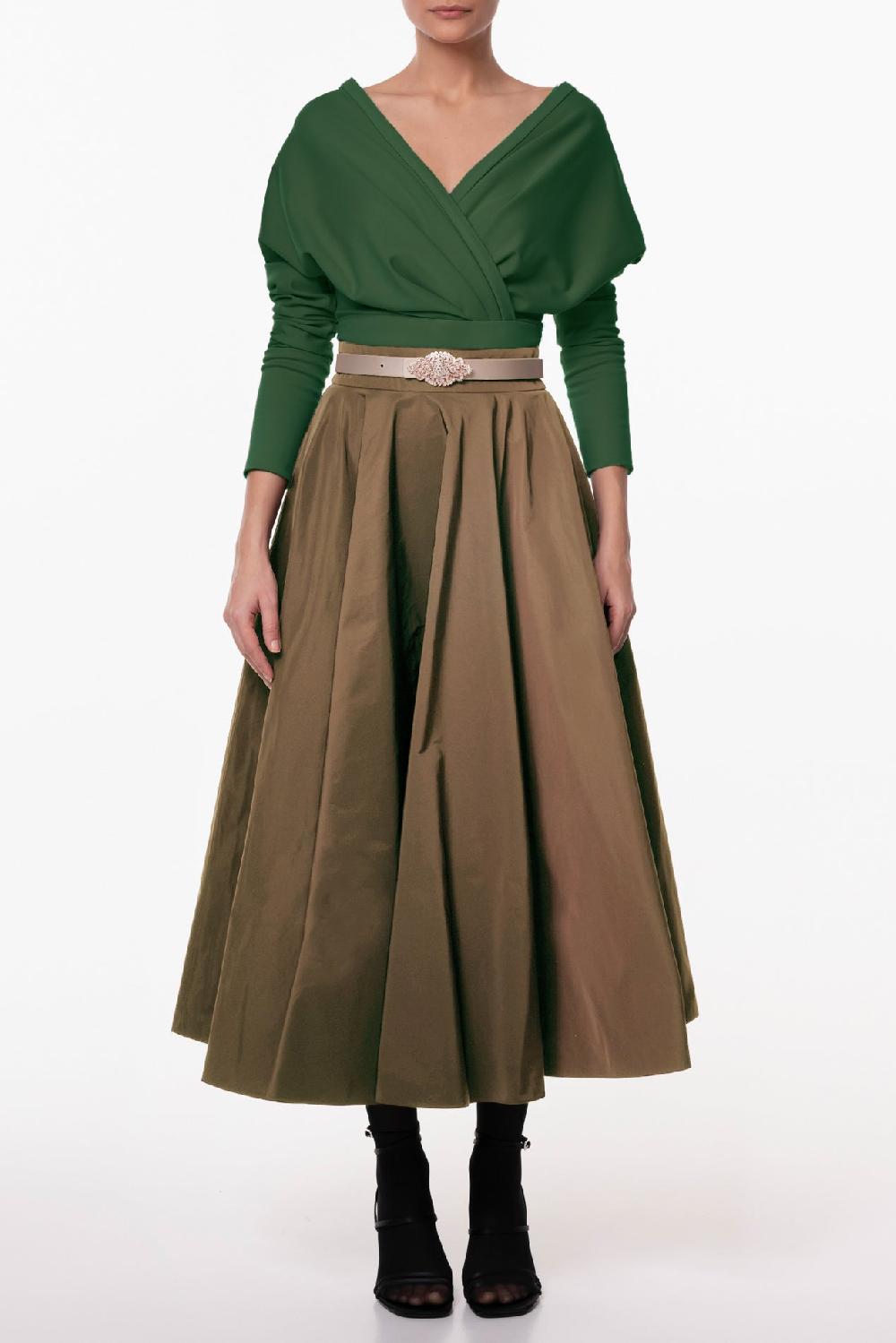 Rhea Costa Taffeta Midi Skirt In Caffe-Latte