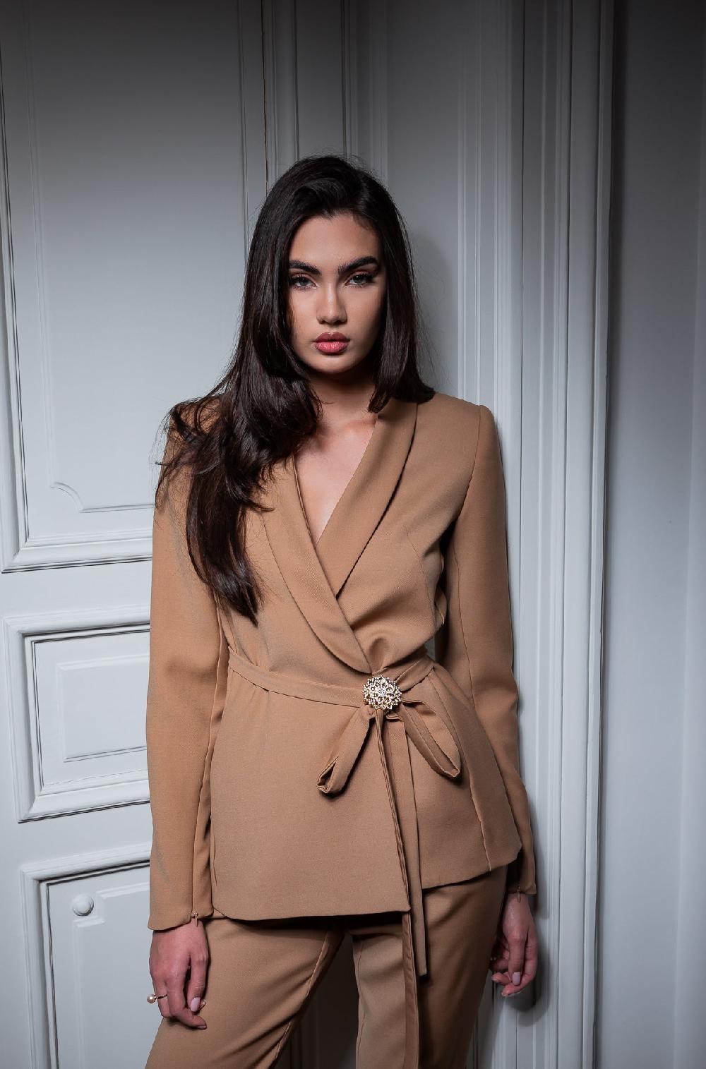 Rhea Costa Virgin Wool Wrapped Blazer In Camel