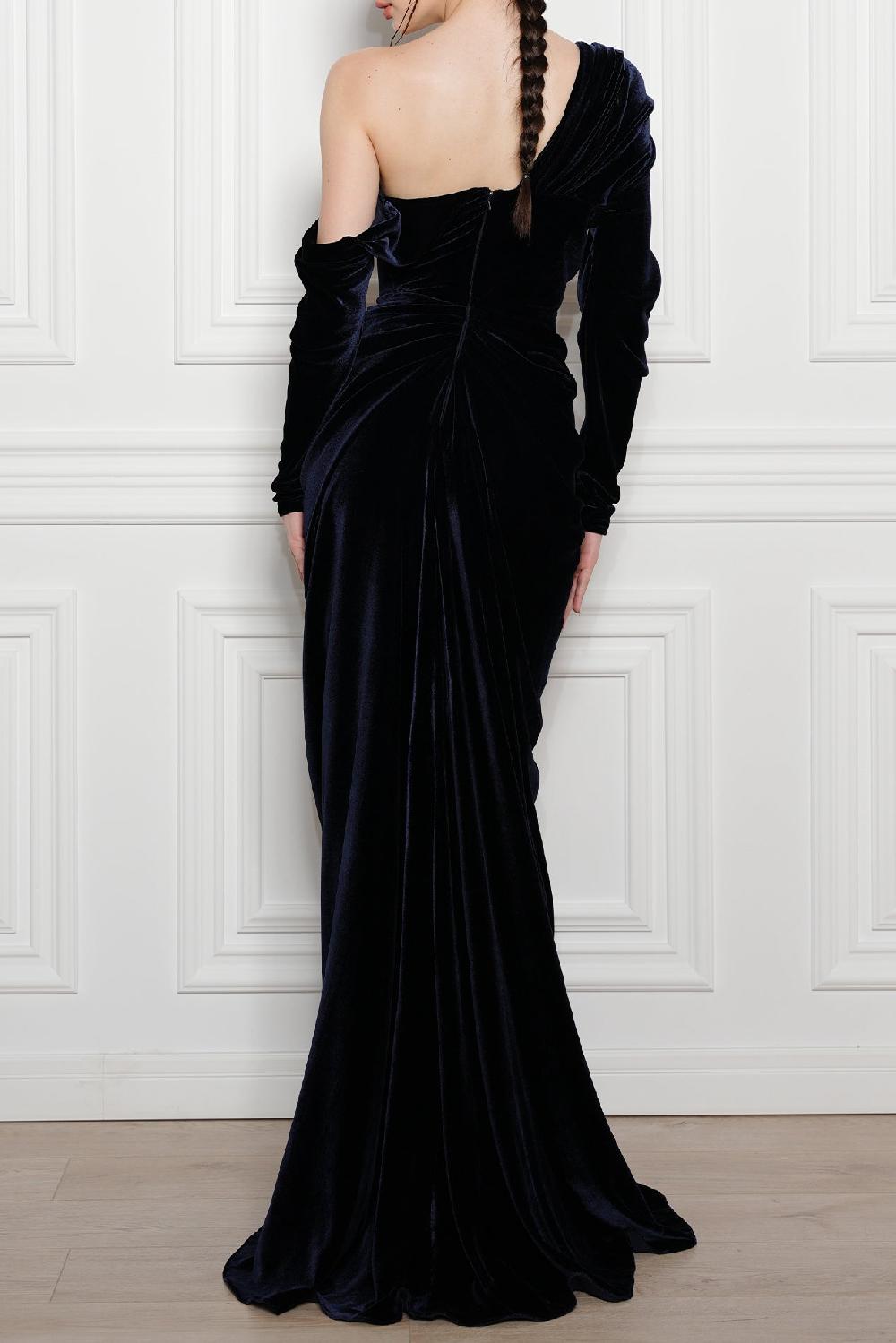 Rhea Costa Zeina Long Velvet Gown In Midnight Blue