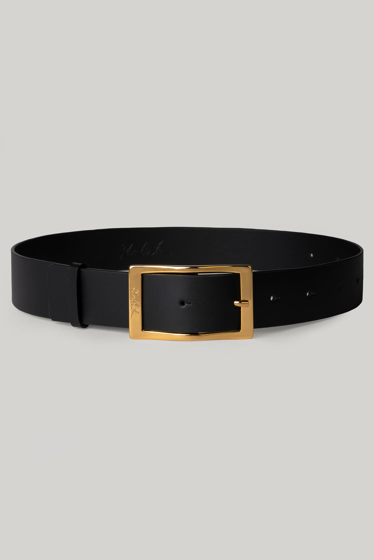 rhea costa Ripple Matte Black Leather Waist Belt With Gold Buckle